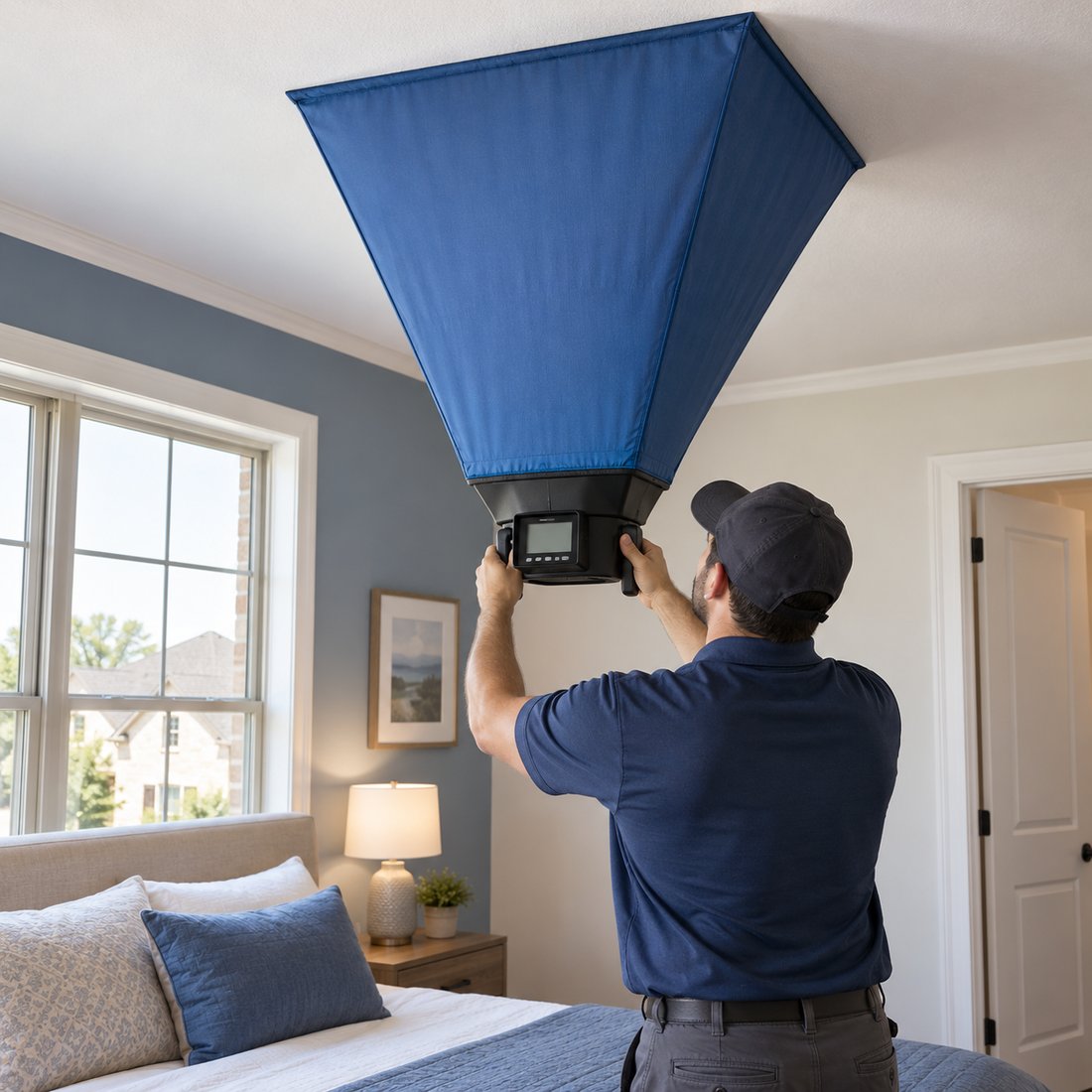 A technician holding a flow hood against a ceiling register in an upstairs bedroom
