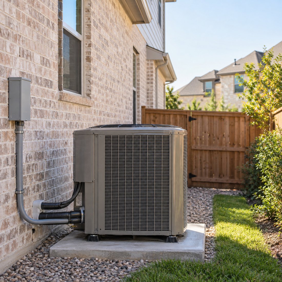 Illustrative HVAC scene: A heat pump on a pad in the side yard of a two-storey Frisco house, a wooden fence behind