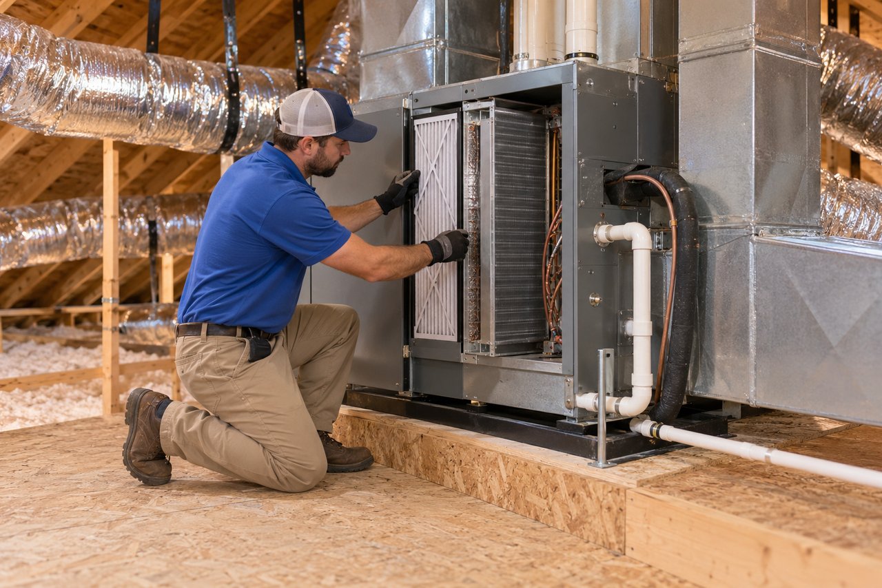Illustrative HVAC scene: A technician servicing a gas furnace and coil on an attic platform, flexible ducts branching off behind