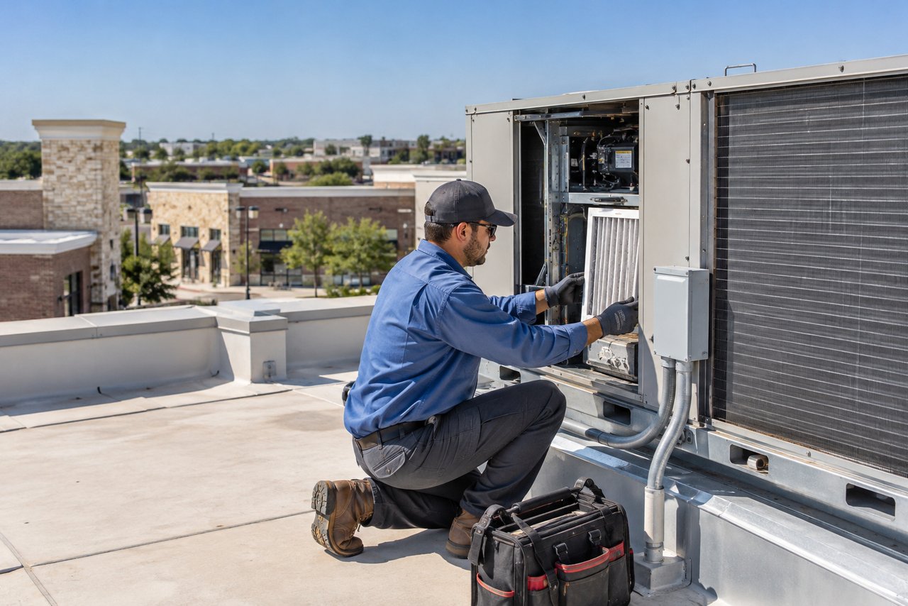 Illustrative HVAC scene: A technician servicing a rooftop unit above a new retail centre in Frisco, clean parapets and a clear sky