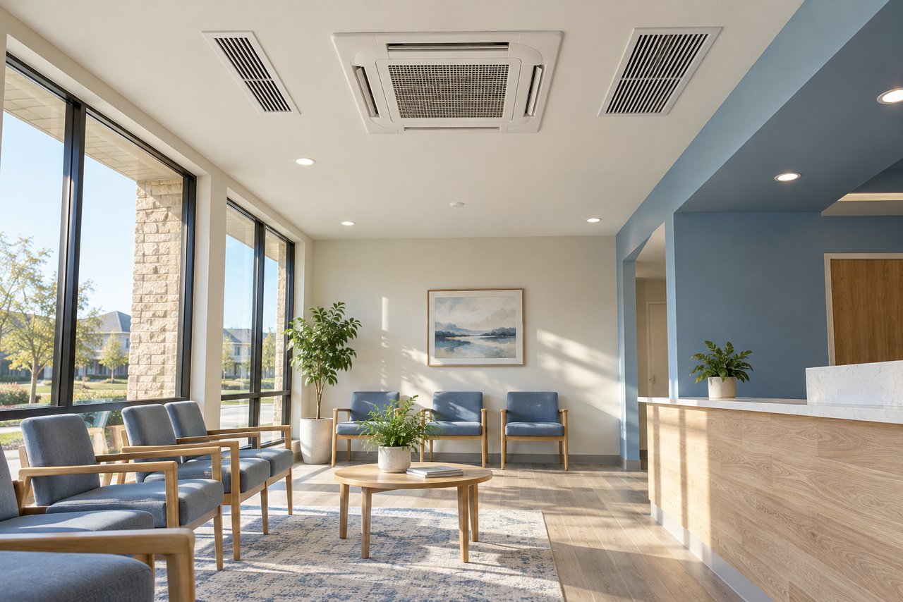 Illustrative HVAC scene: A bright clinic waiting room in Frisco with ceiling diffusers, empty before opening